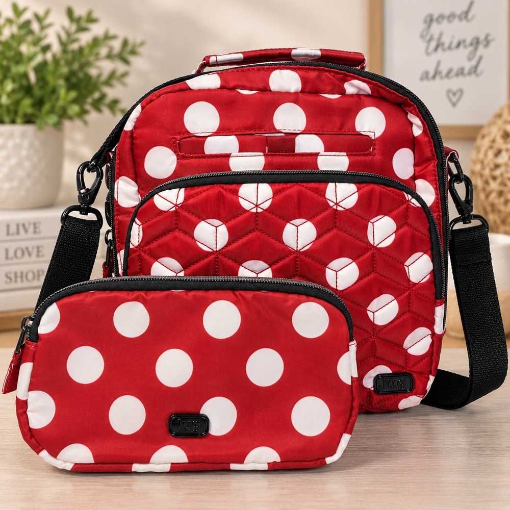 Lug Ranger Crossbody Bag and Pouch Set Red White Polka Dot Quilted Black Strap